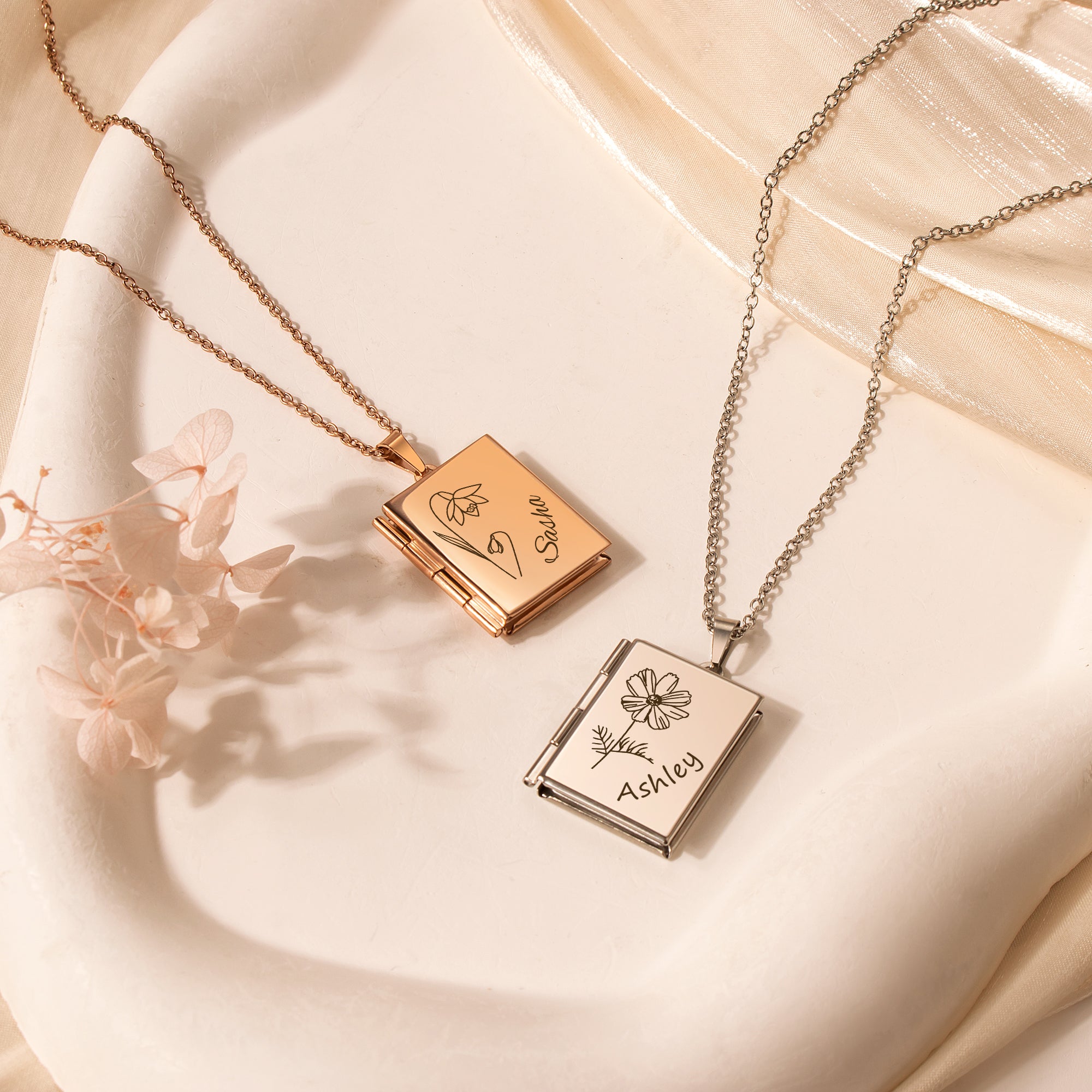 Square Birth Flower and Name Photo Locket Necklace
