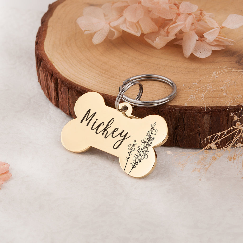Birth Flower Dog Bone Pet Tag