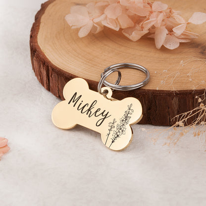 Customized Dog Bone Shaped Birth Flower ID Tag for Dogs