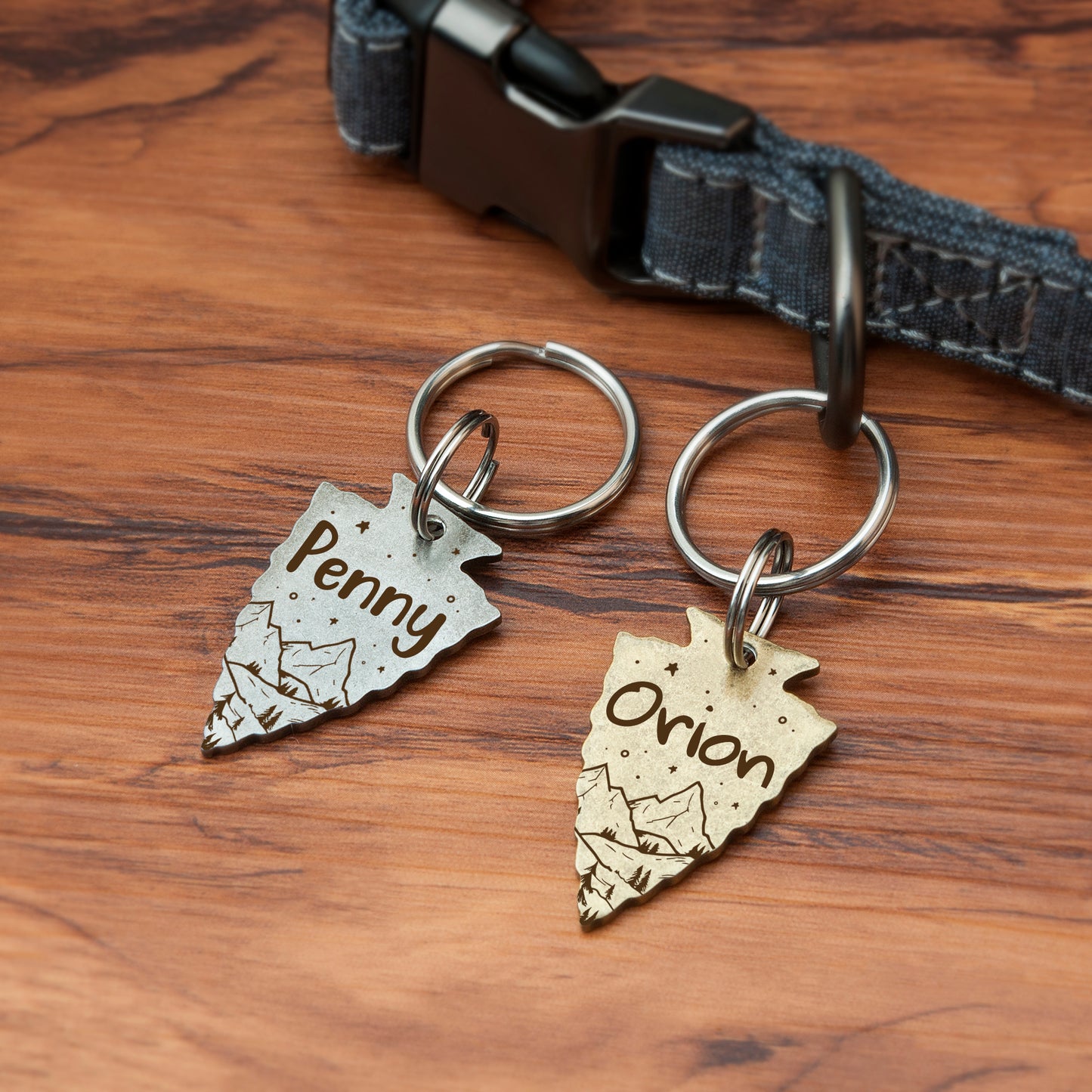 Personalized Arrowhead Shaped Mountain Starry Night Themed Pet ID Dog Tag