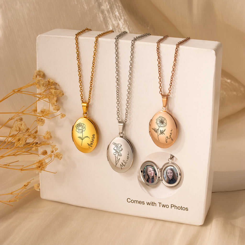 Oval Birth Flower and Name Photo Locket Necklace
