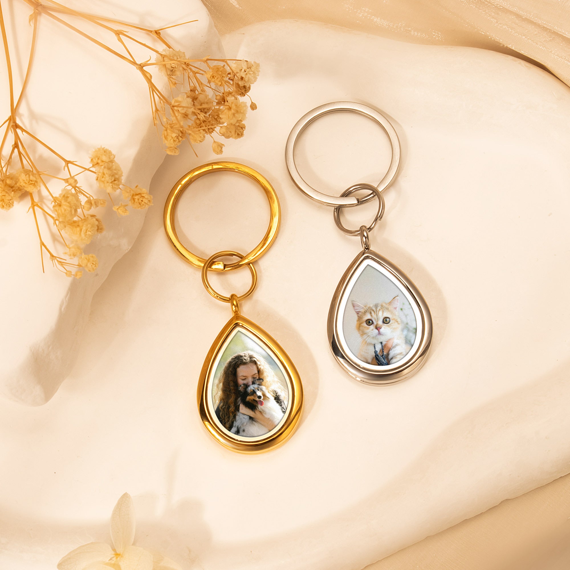 Glass Teardrop Pet Memorial Photo Locket Keychain
