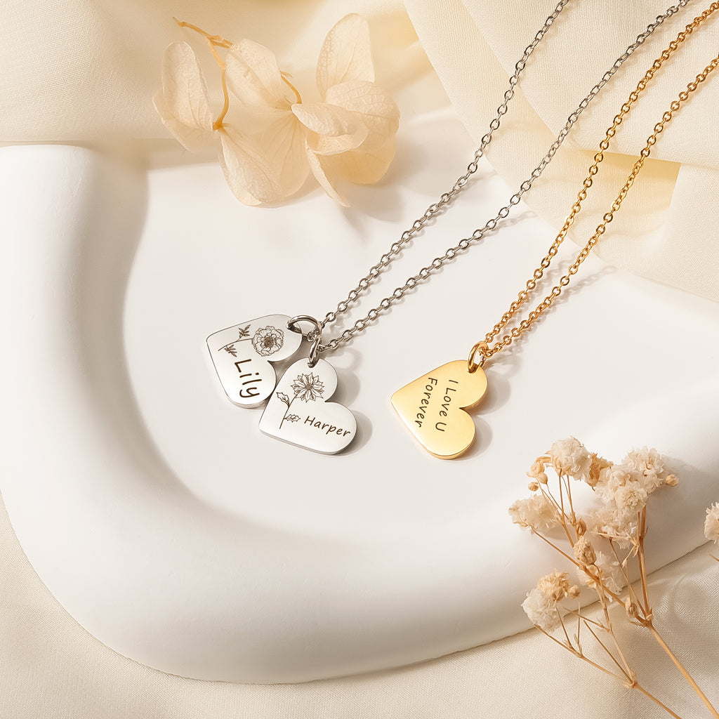 Personalized Mini Heart Text and Birth Flower Necklace