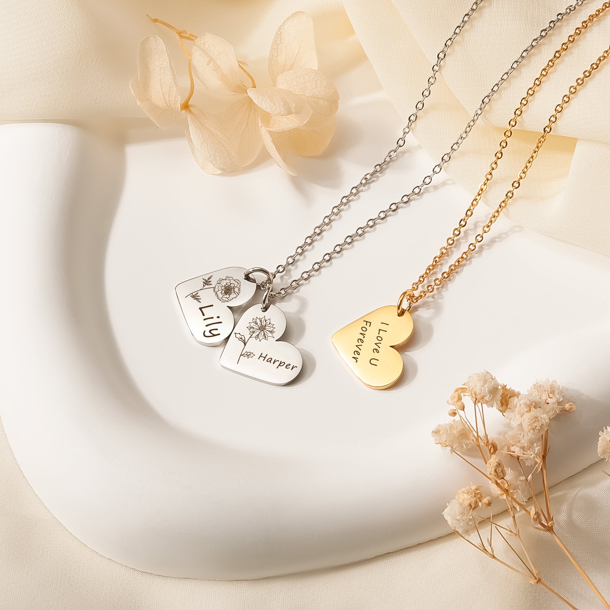 Personalized Mini Heart Text and Birth Flower Necklace