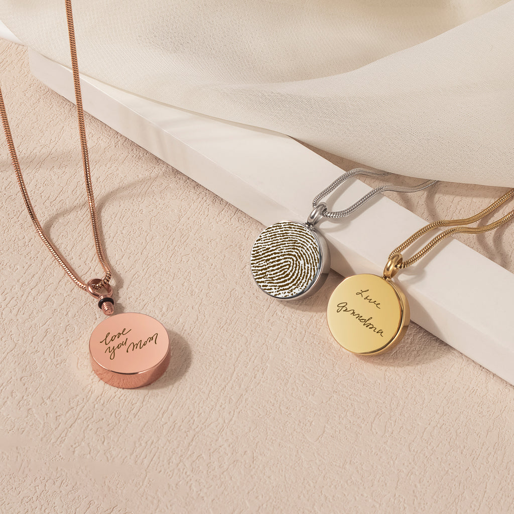 Custom Fingerprint and Handwriting Round Memorial Necklace