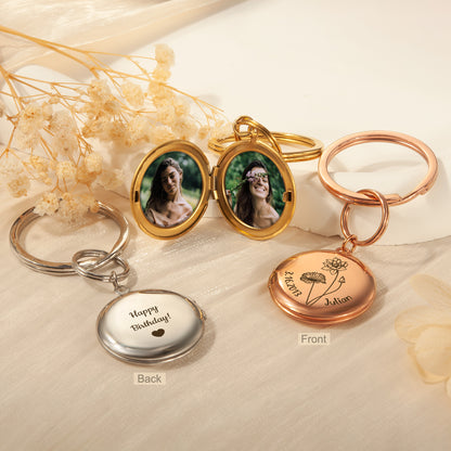 Custom Flower, Name, and Date Photo Locket Key Chain