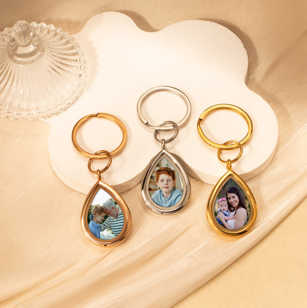 Glass Teardrop Photo Locket Keychain
