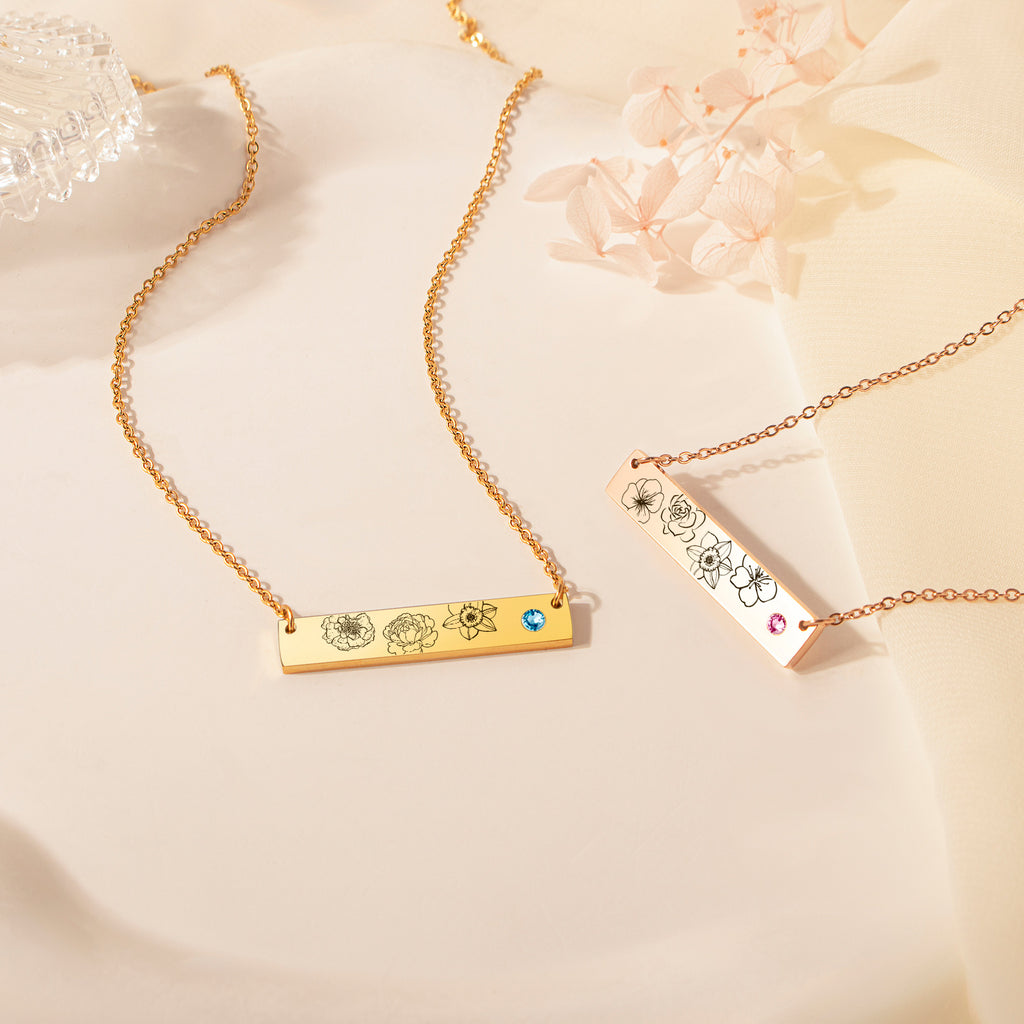 1-4 Birth Flower Birthstone Bar Necklace