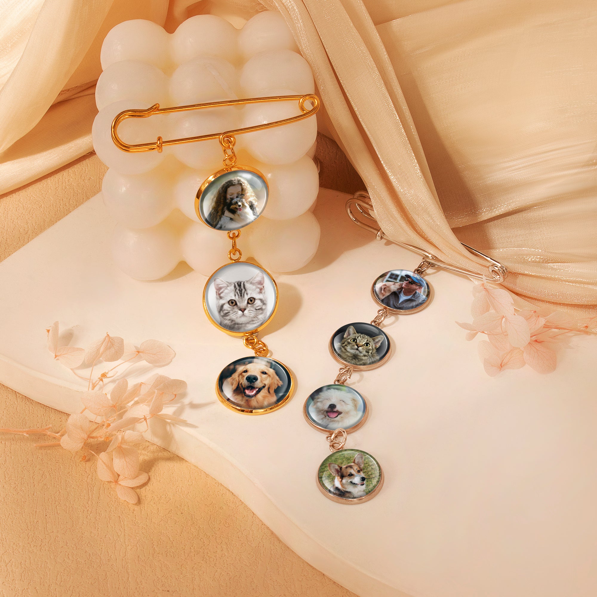 Vertical Round Pet Memorial Photo Brooch Pin
