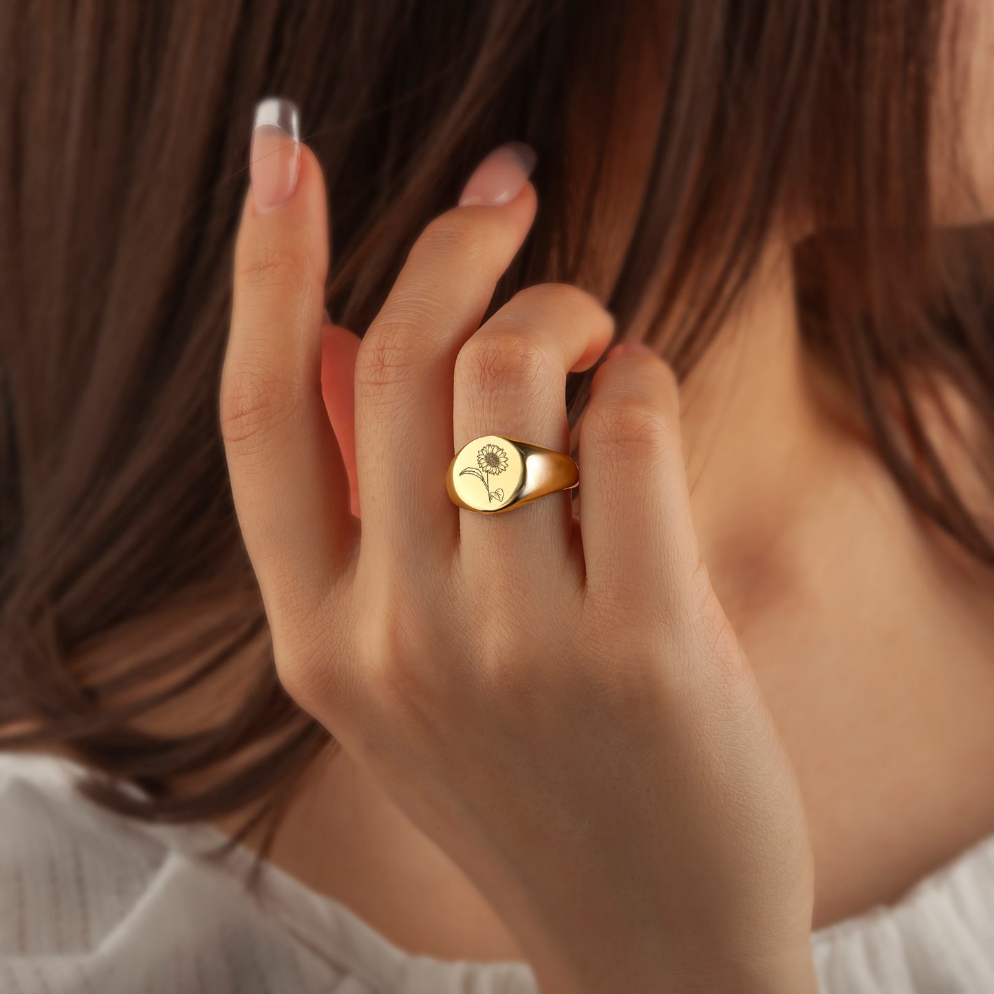 Custom Birth Flower Stainless Steel Engraved Signet Ring