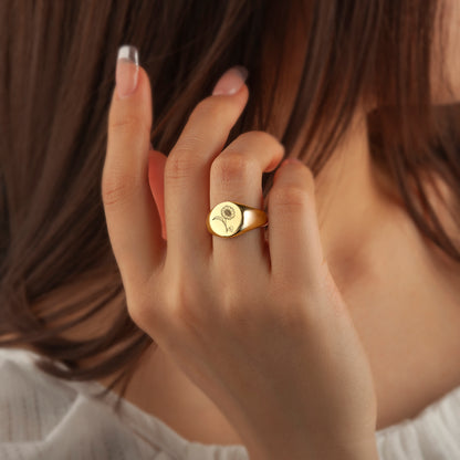 Custom Birth Flower Stainless Steel Engraved Signet Ring