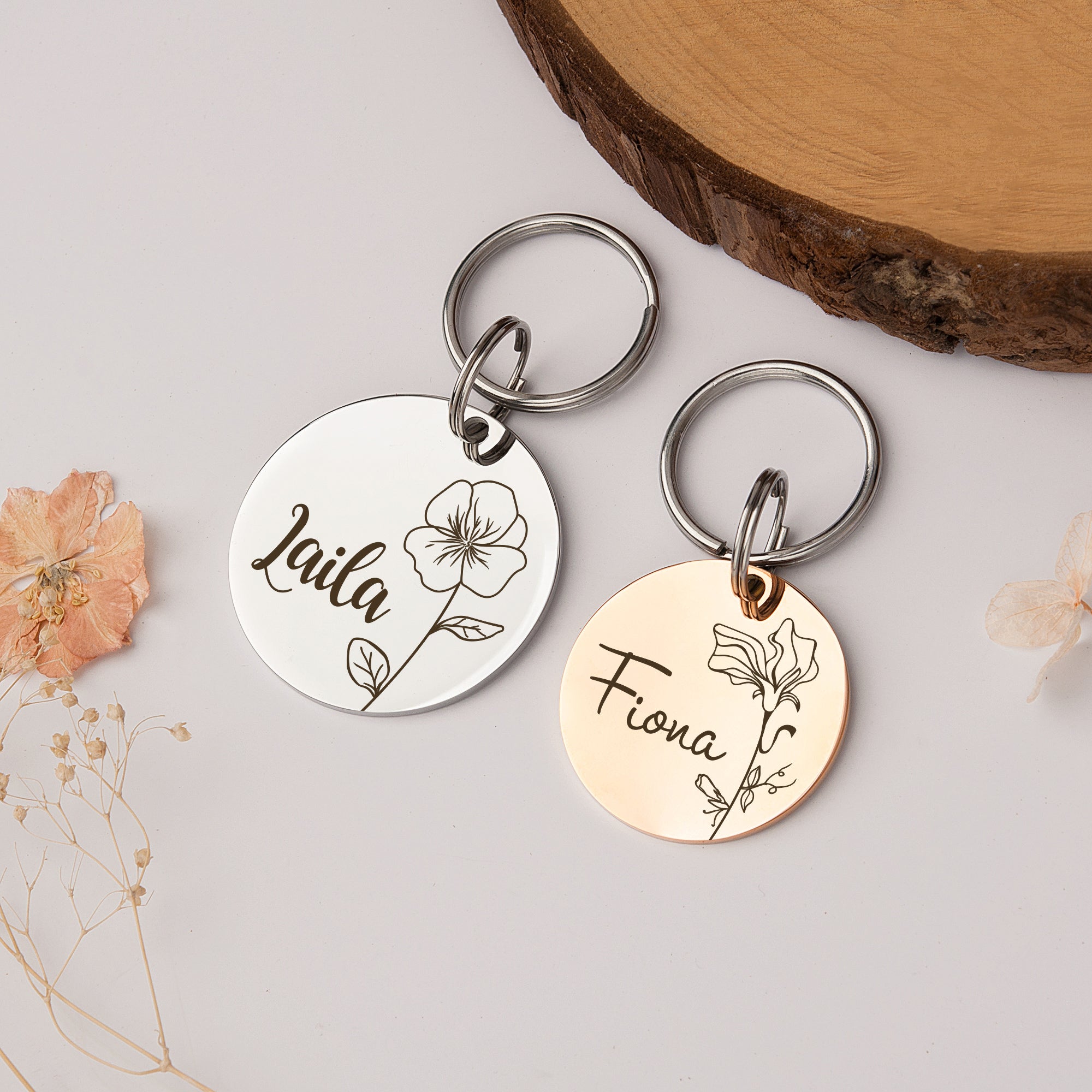Round Birth Flower Pet ID Dog Tag