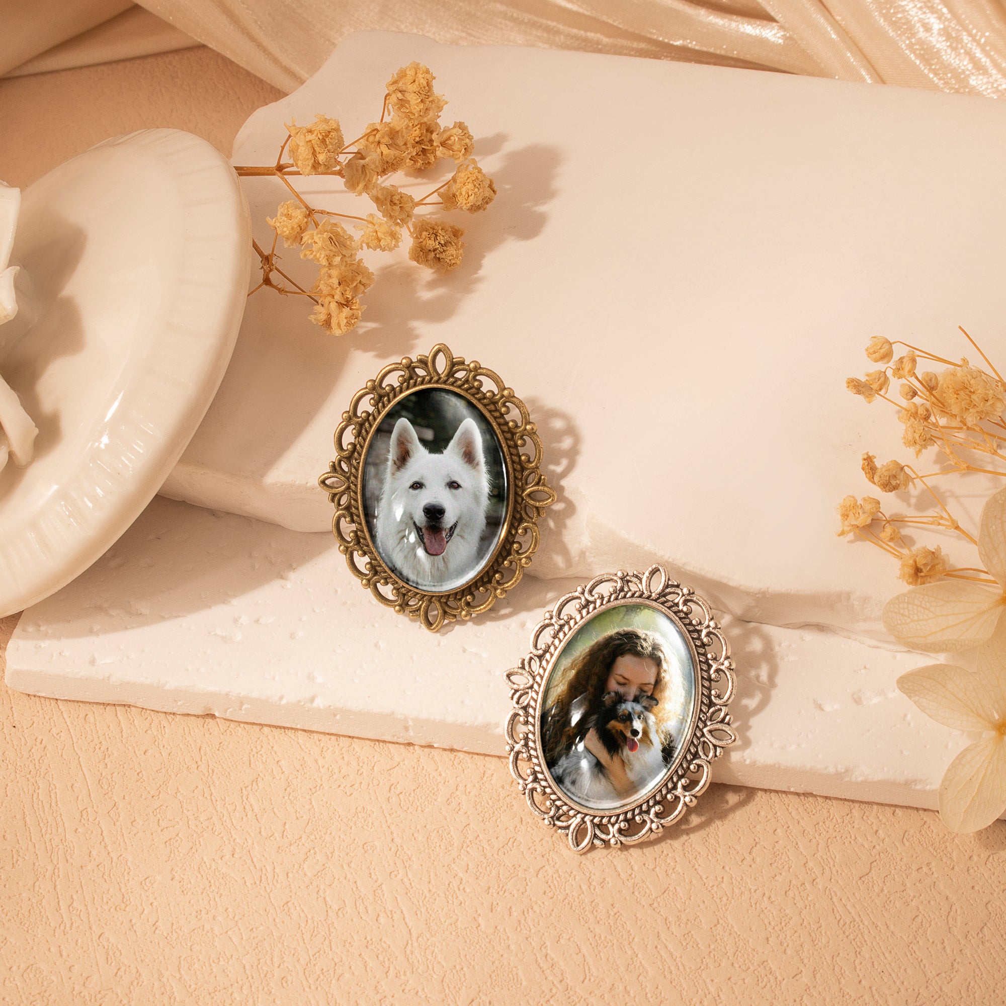 Vintage Oval Resin Pet Photo Brooch