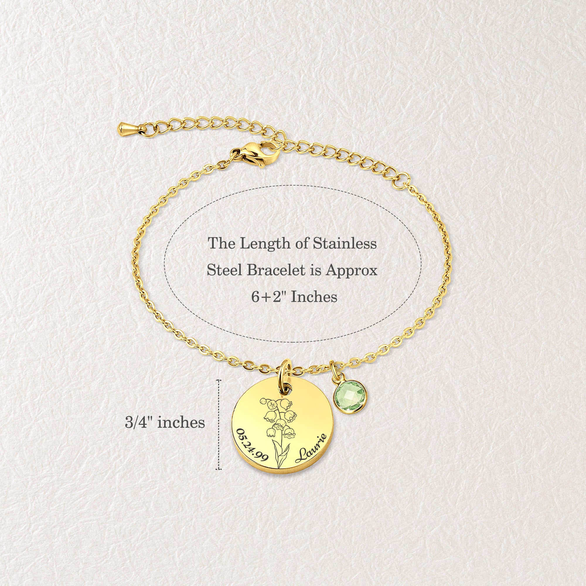 Birth Flower and Text Birthstone Charm Bracelet