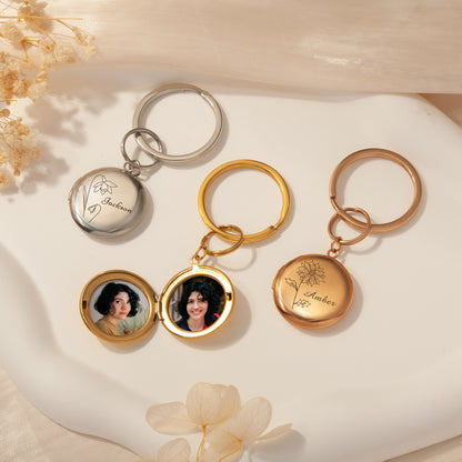 Custom Flower and Name Photo Locket Key Chain