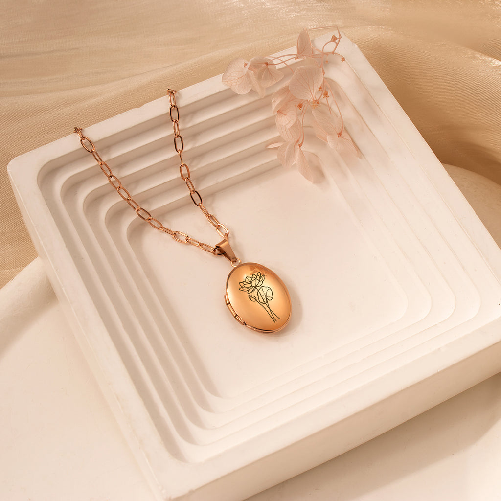 Oval Birth Flower Photo Locket Necklace