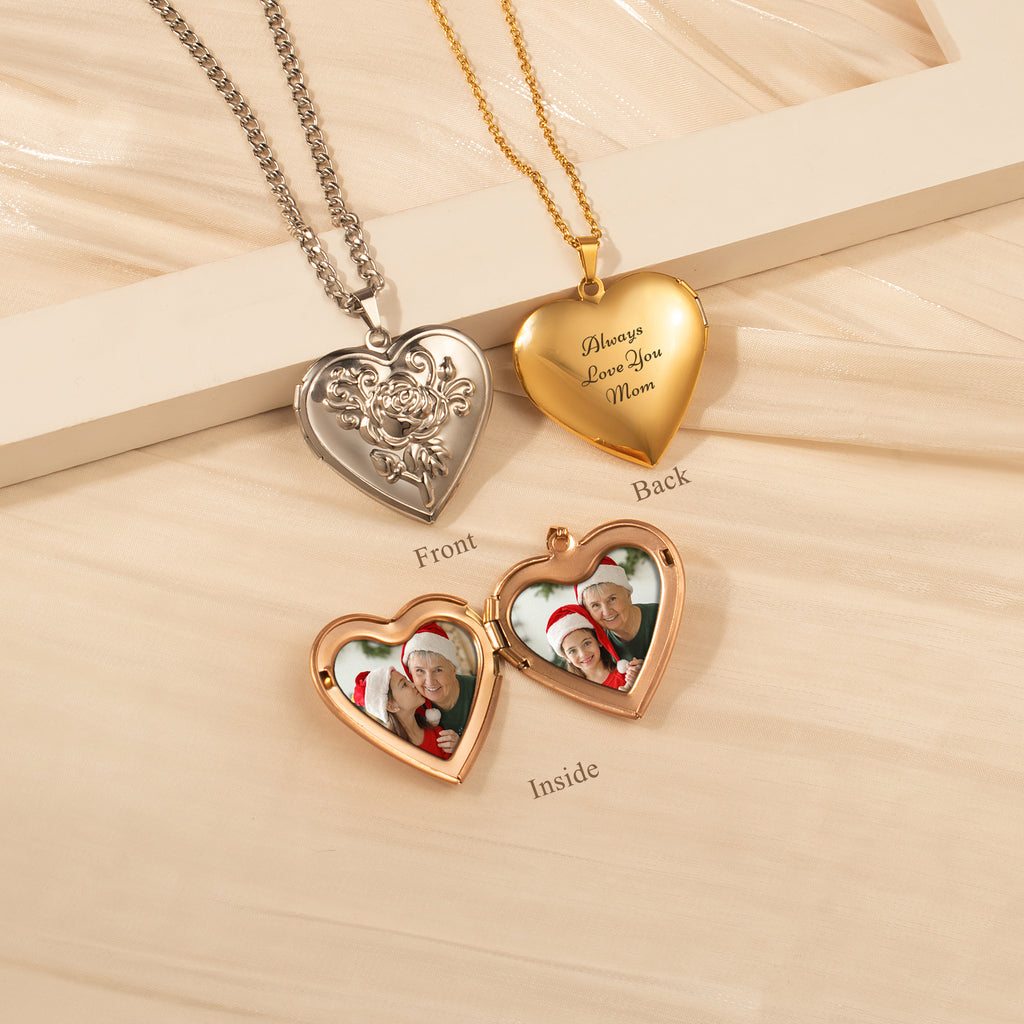 Custom Rose Photo Heart Locket Necklace