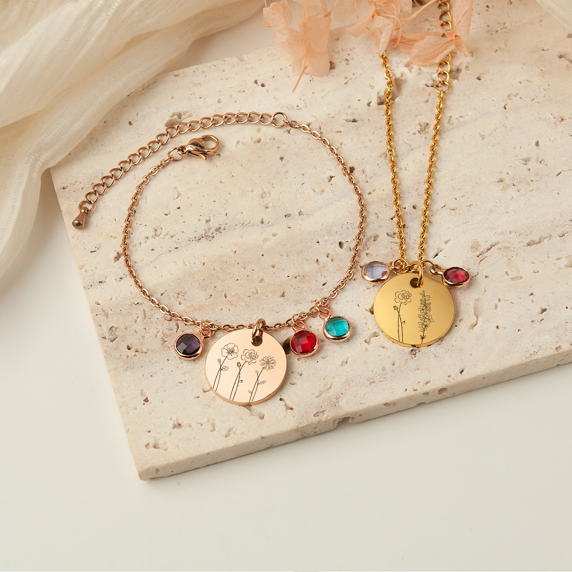 Custom Birth Flower Garden and Birthstone Charm Stainless Steel Bracelet