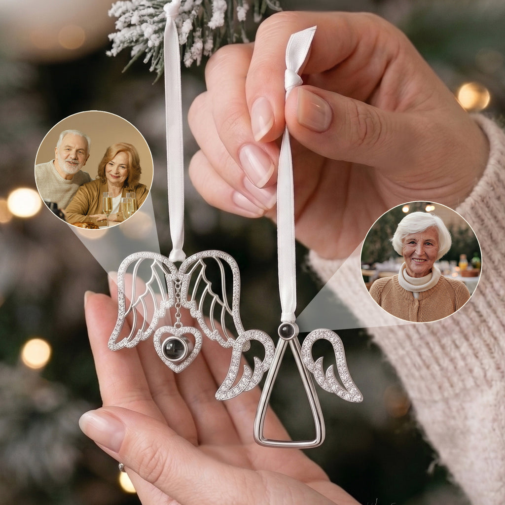 Custom Rhinestone Heart Wings Photo Projection Memorial Ornament