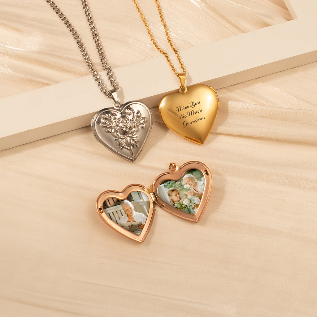 Rose Photo Heart Memorial Locket Necklace