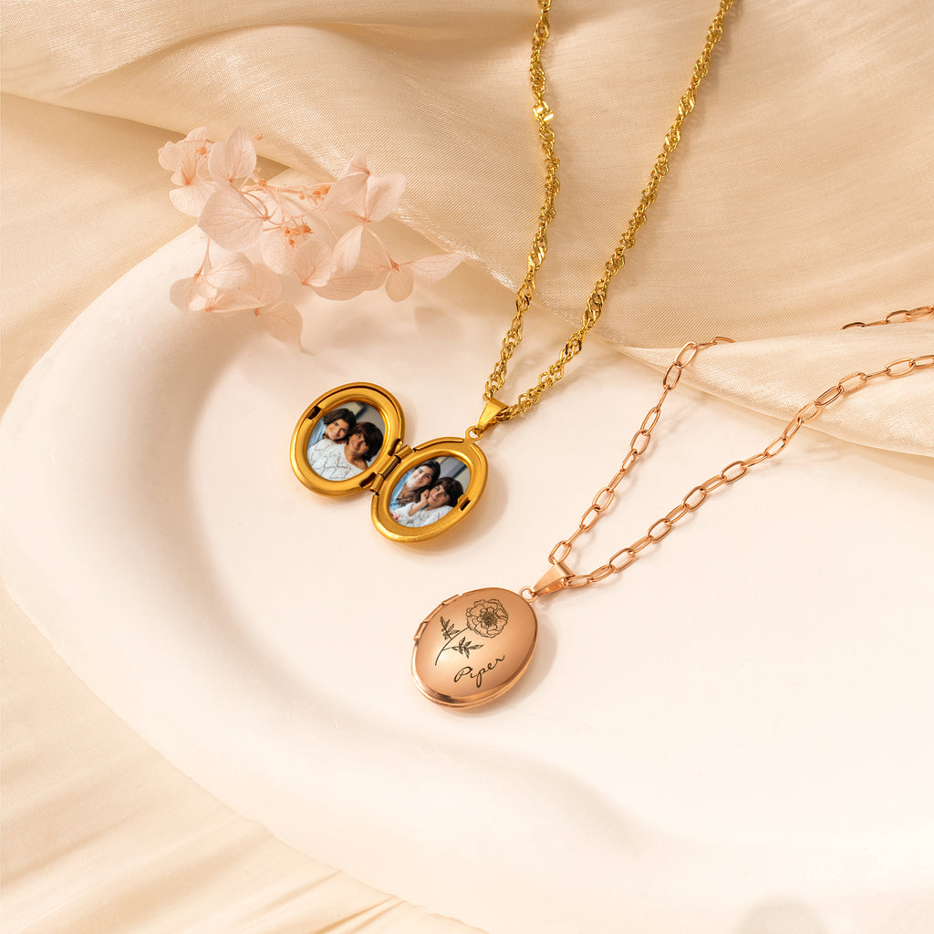 Oval Birth Flower and Name Photo Locket Necklace
