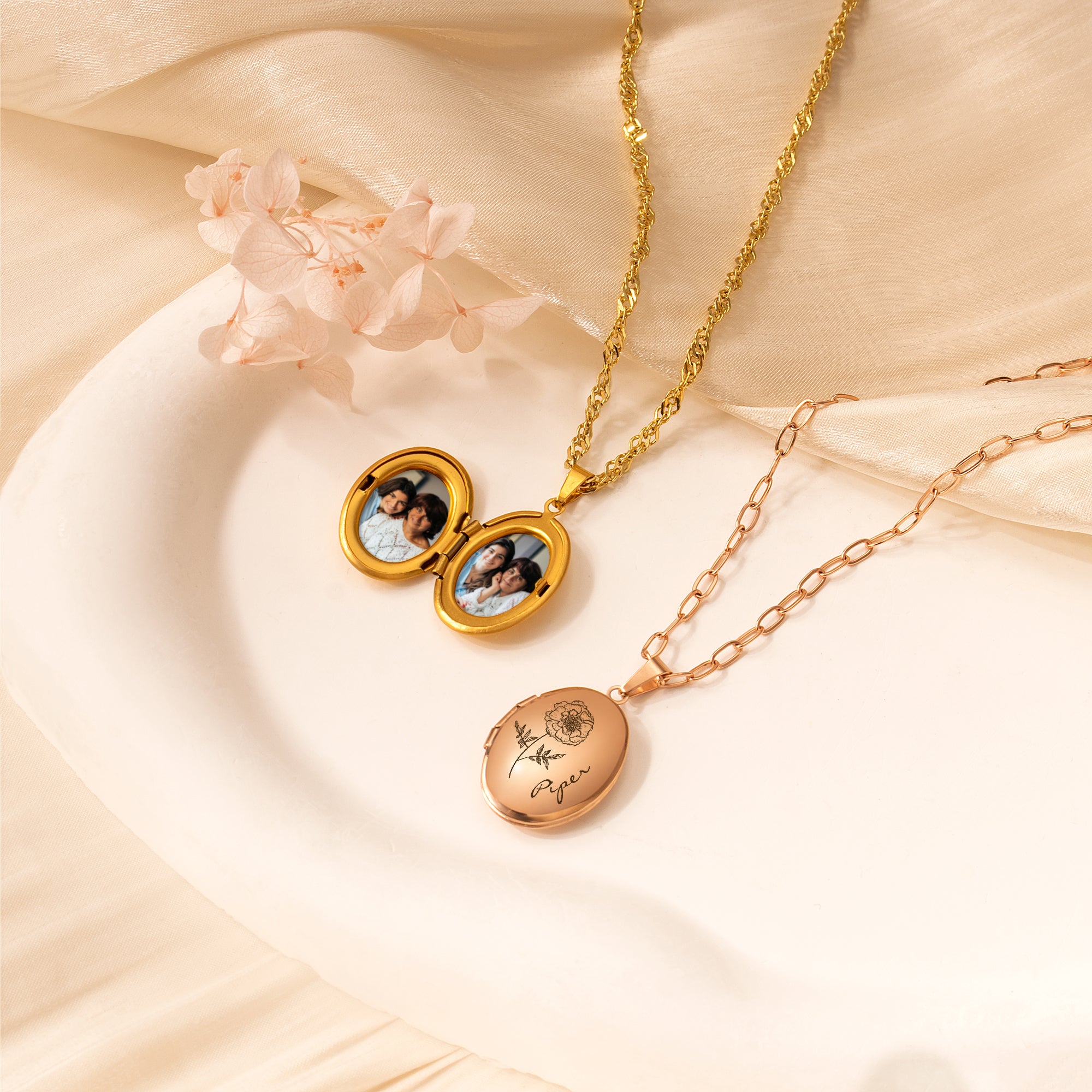 Oval Birth Flower and Name Photo Locket Necklace