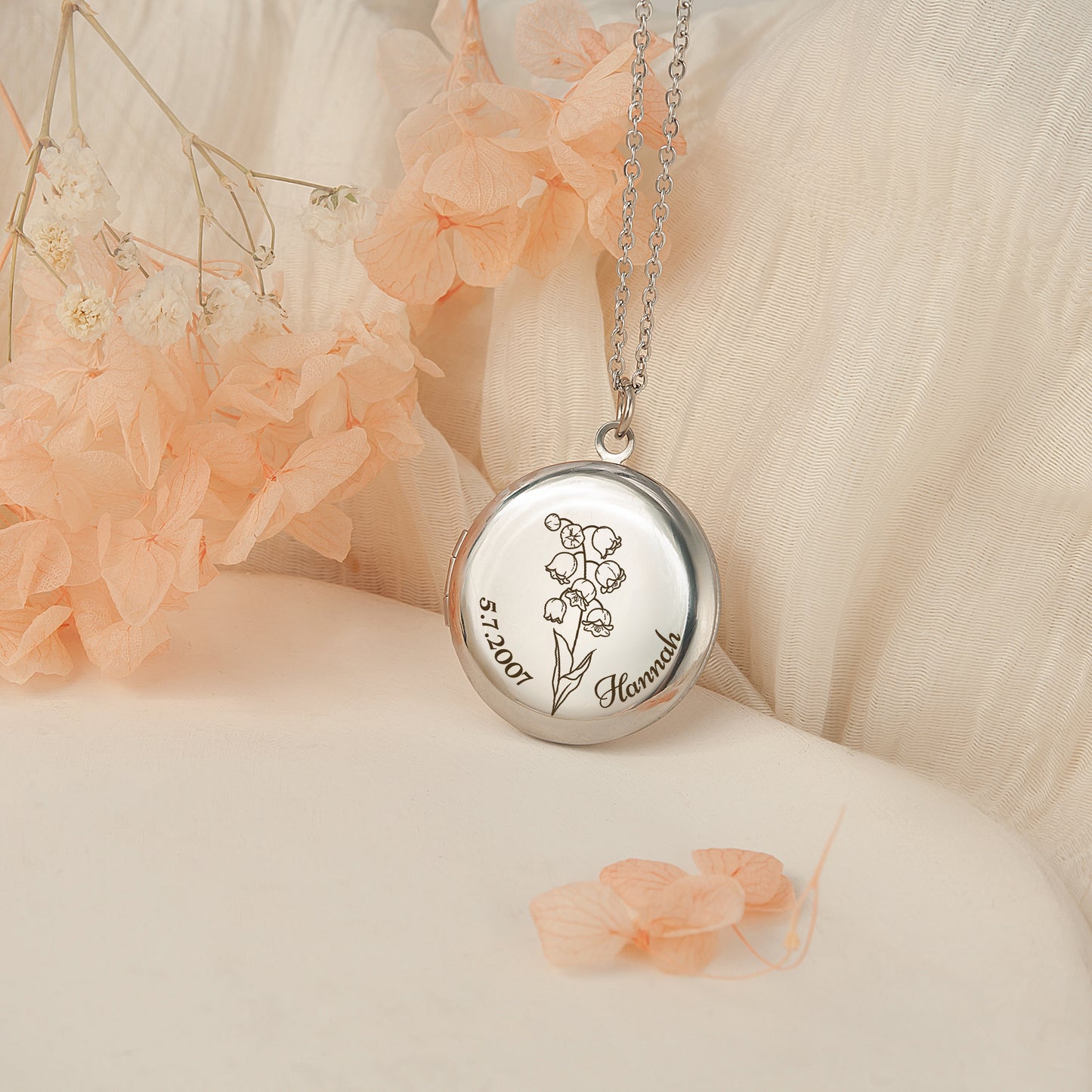 Custom Birth Flower Name and Date Photo Locket Necklace