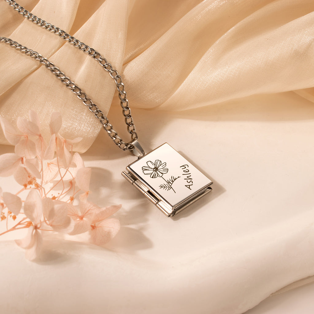 Square Birth Flower and Name Photo Locket Necklace