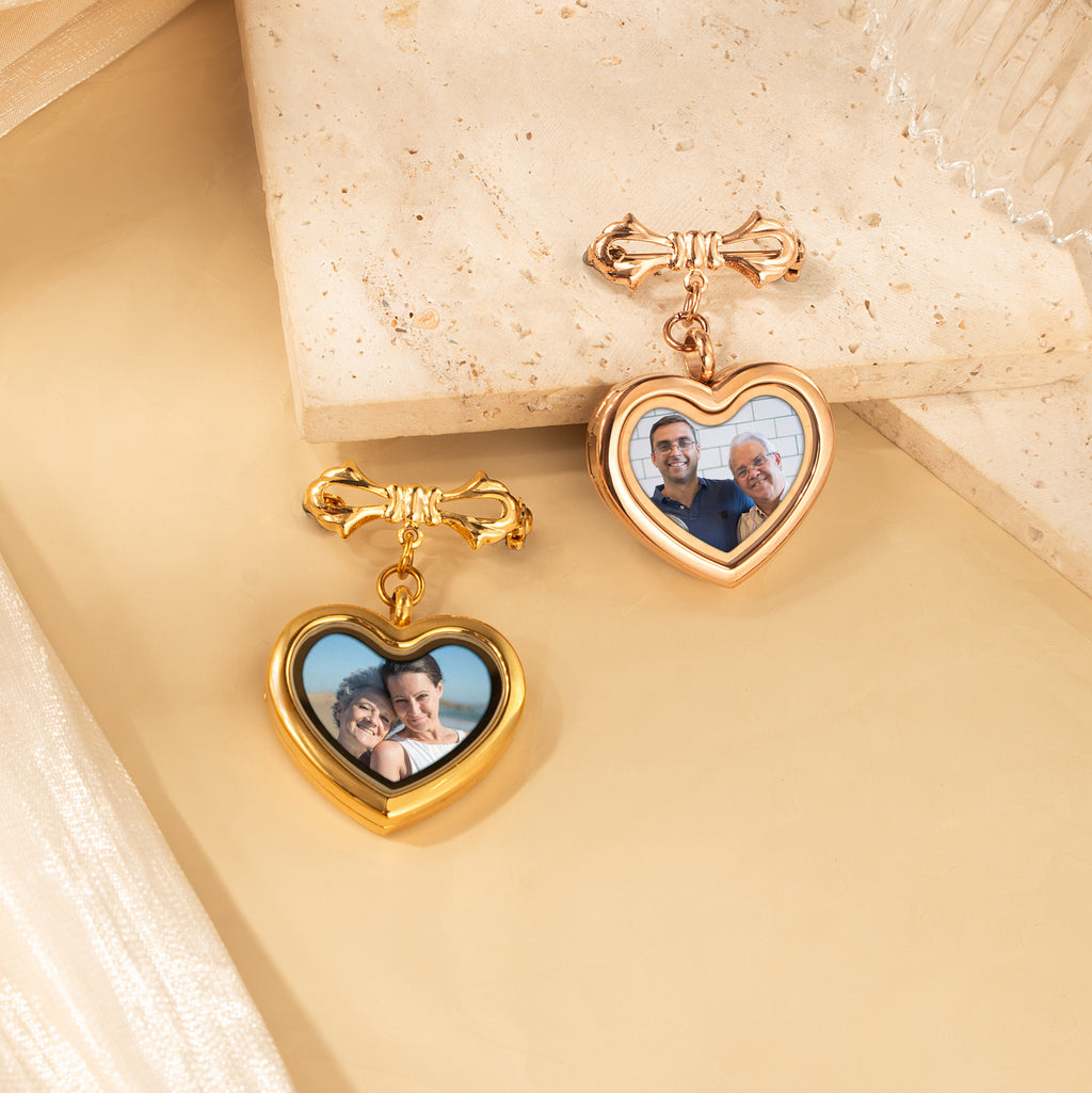 Glass Heart Photo Locket Brooch Pin