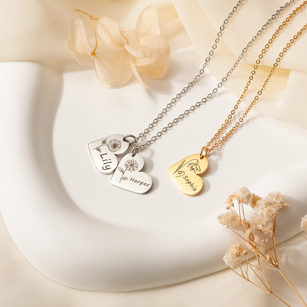 Personalized Mini Heart Text and Birth Flower Necklace