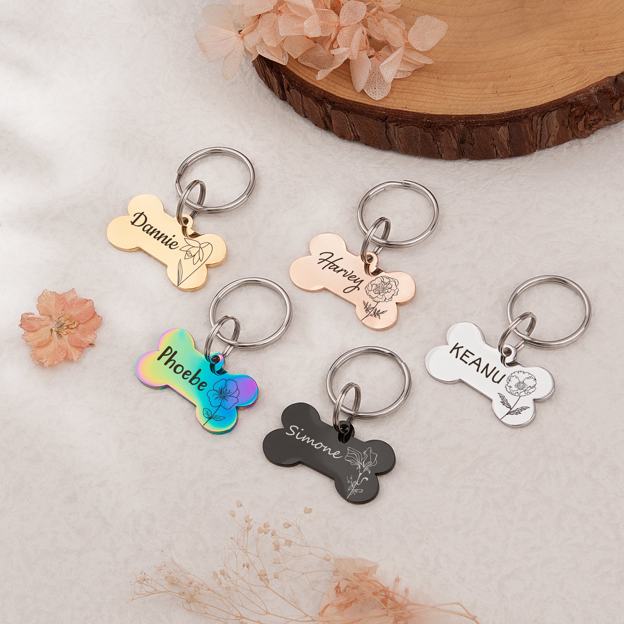 Birth Flower Dog Bone Pet Tag