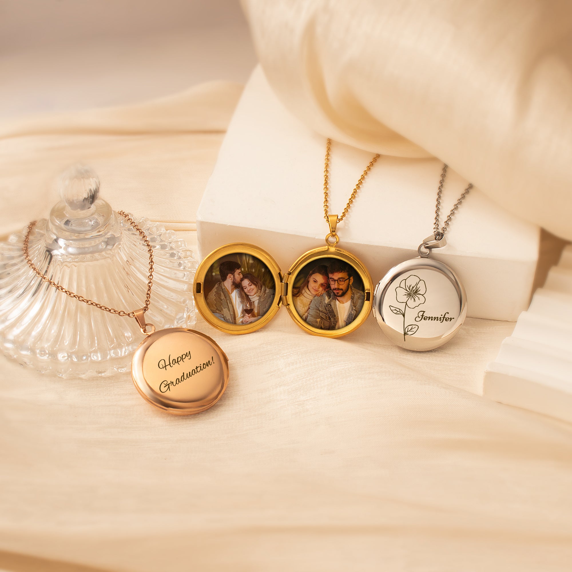 Round Birth Flower and Name Photo Locket Necklace