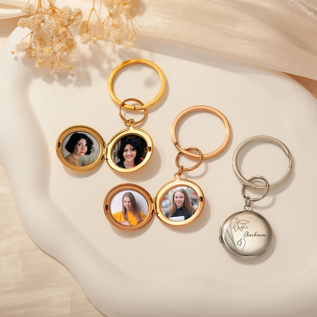 Custom Flower and Name Photo Locket Key Chain