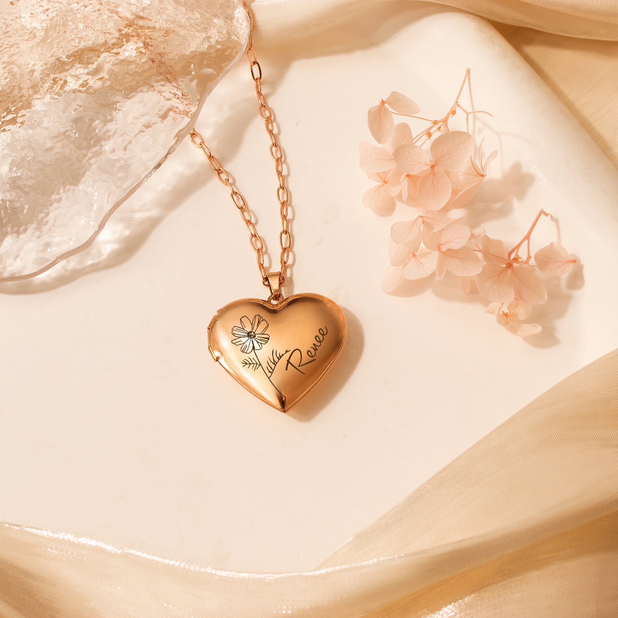 Personalized Birth Flower and Name Heart Photo Locket