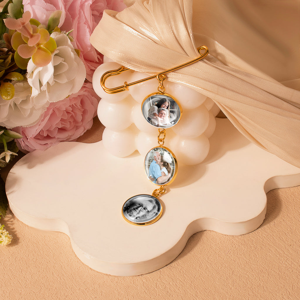 Vertical Wedding Round Photo Brooch Pin