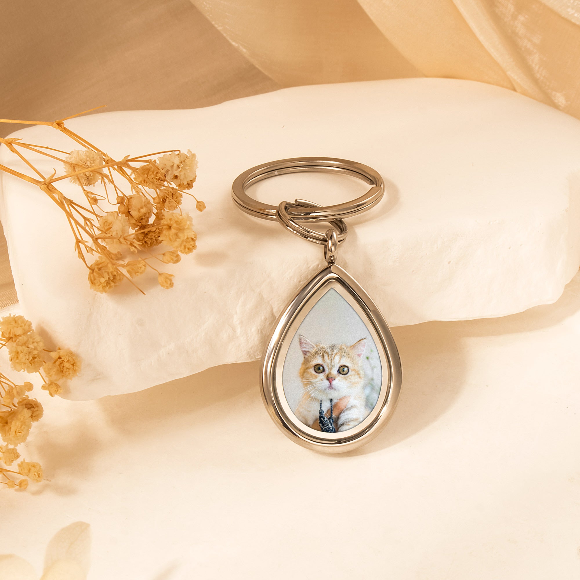 Glass Teardrop Pet Memorial Photo Locket Keychain