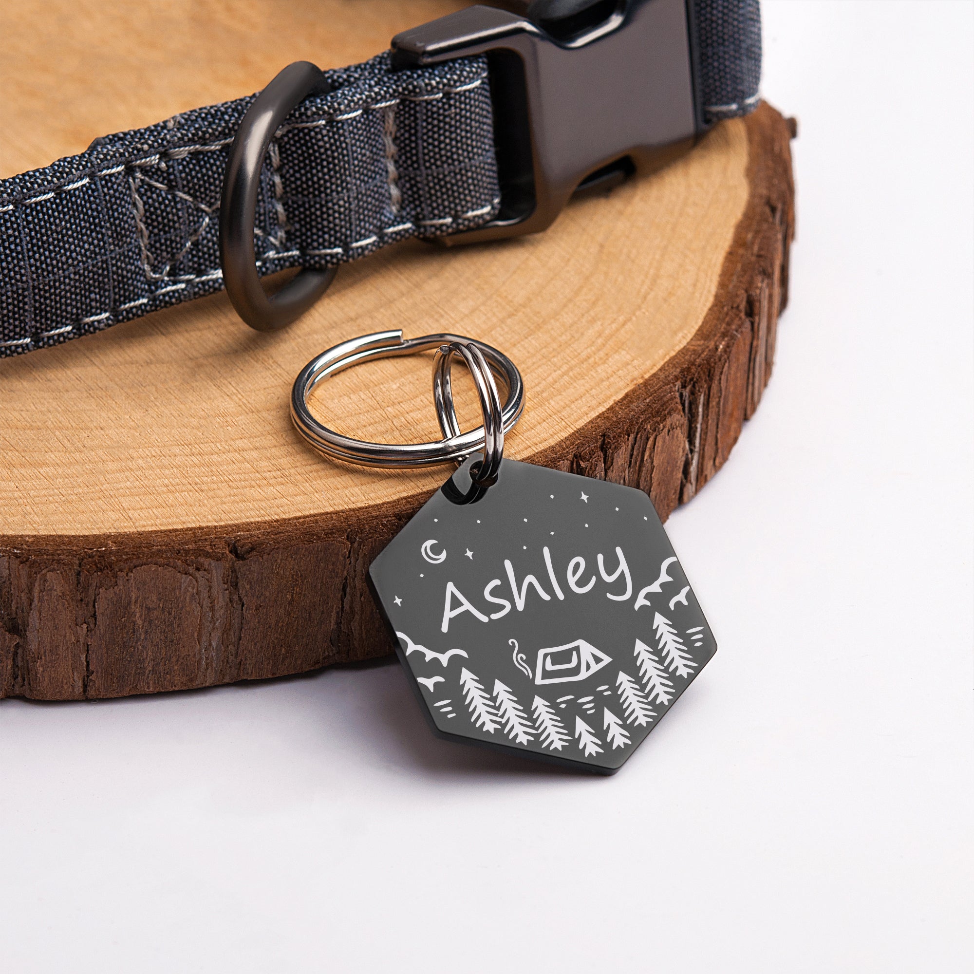 Camping in the Woods Hexagon Shaped Pet ID Tag