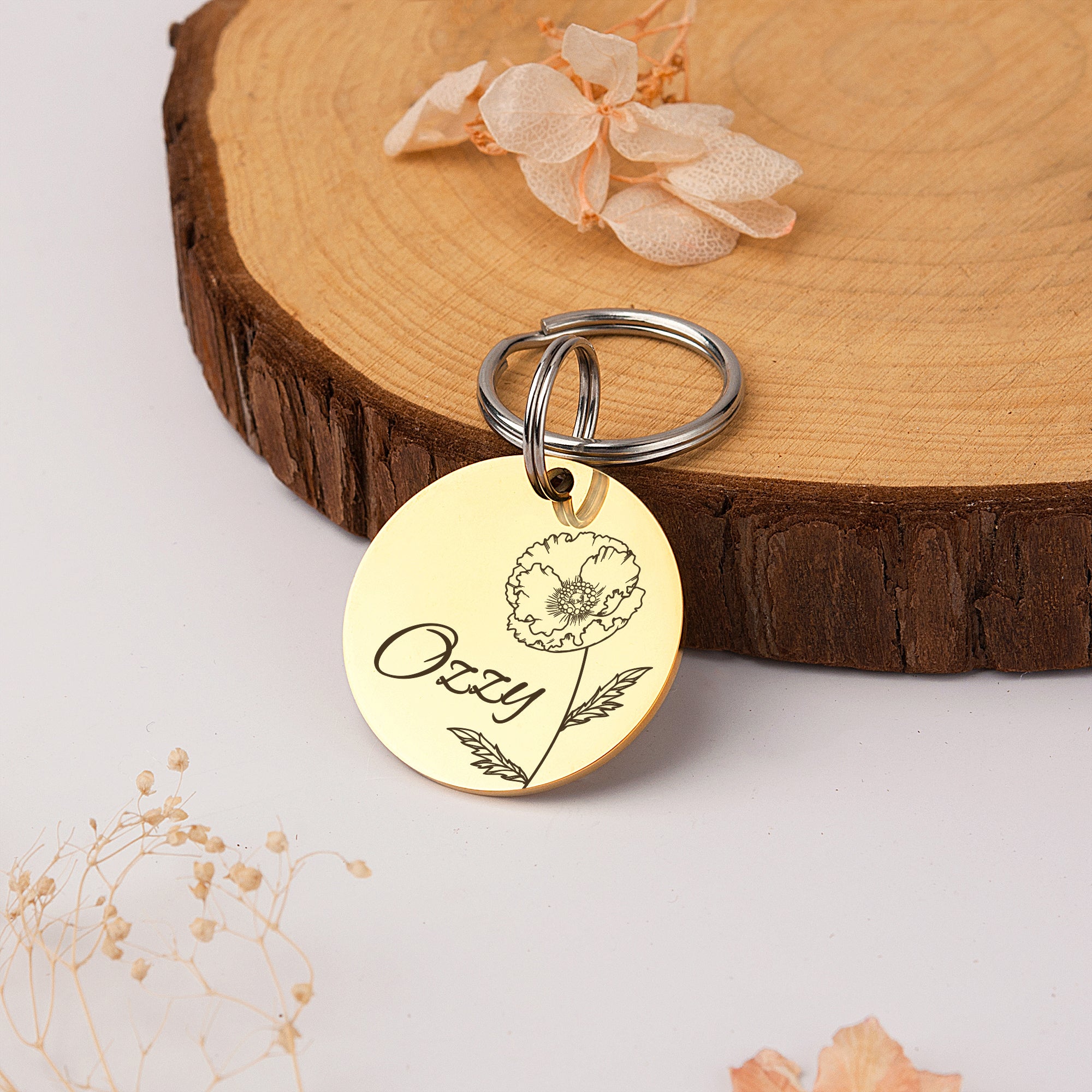 Round Birth Flower Pet ID Dog Tag
