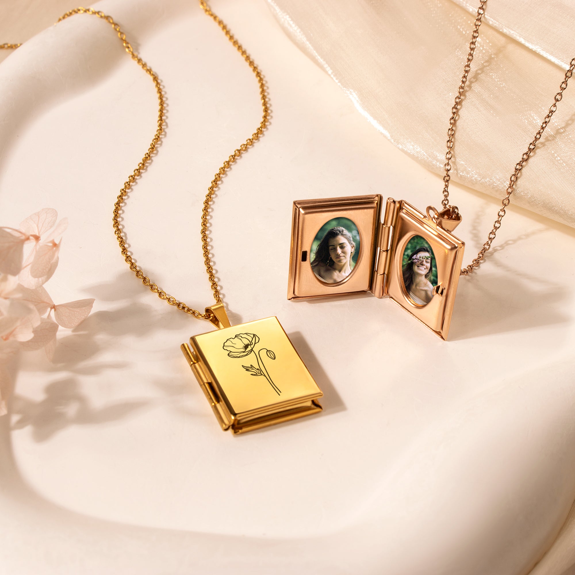 Square Birth Flower Photo Locket Necklace