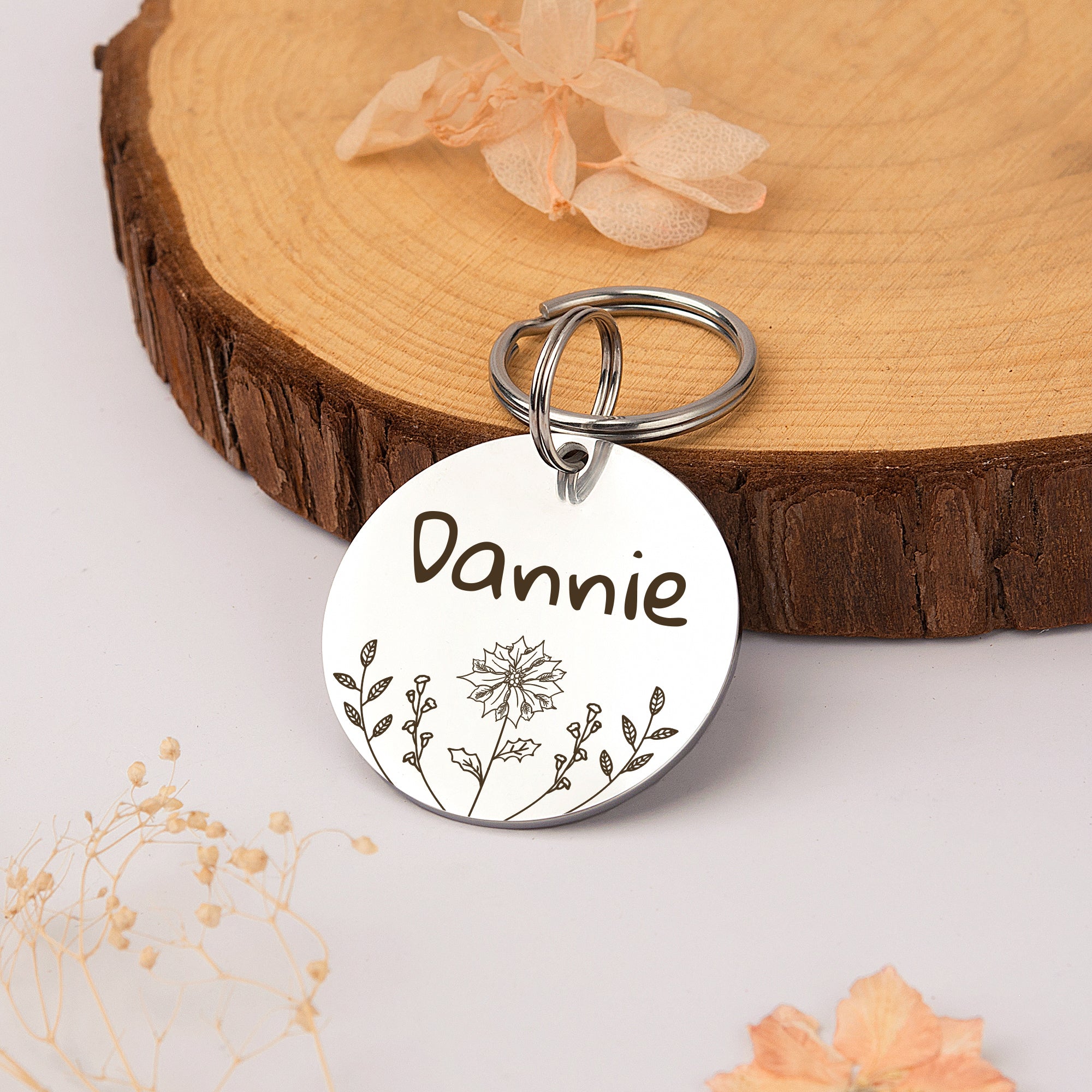Round Birth Flower Pet ID Dog Tag