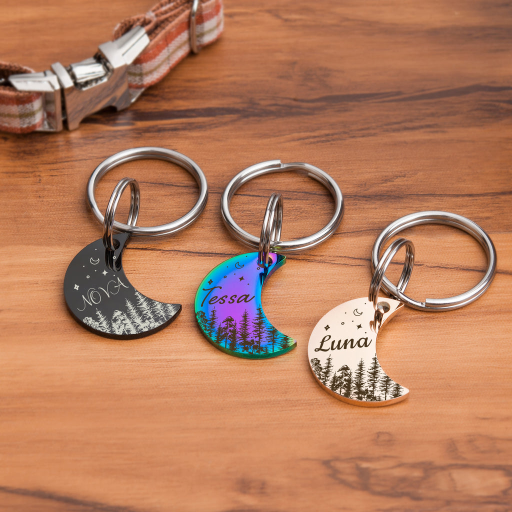Moon Shaped Woods and Stars Dog ID Pet Tag