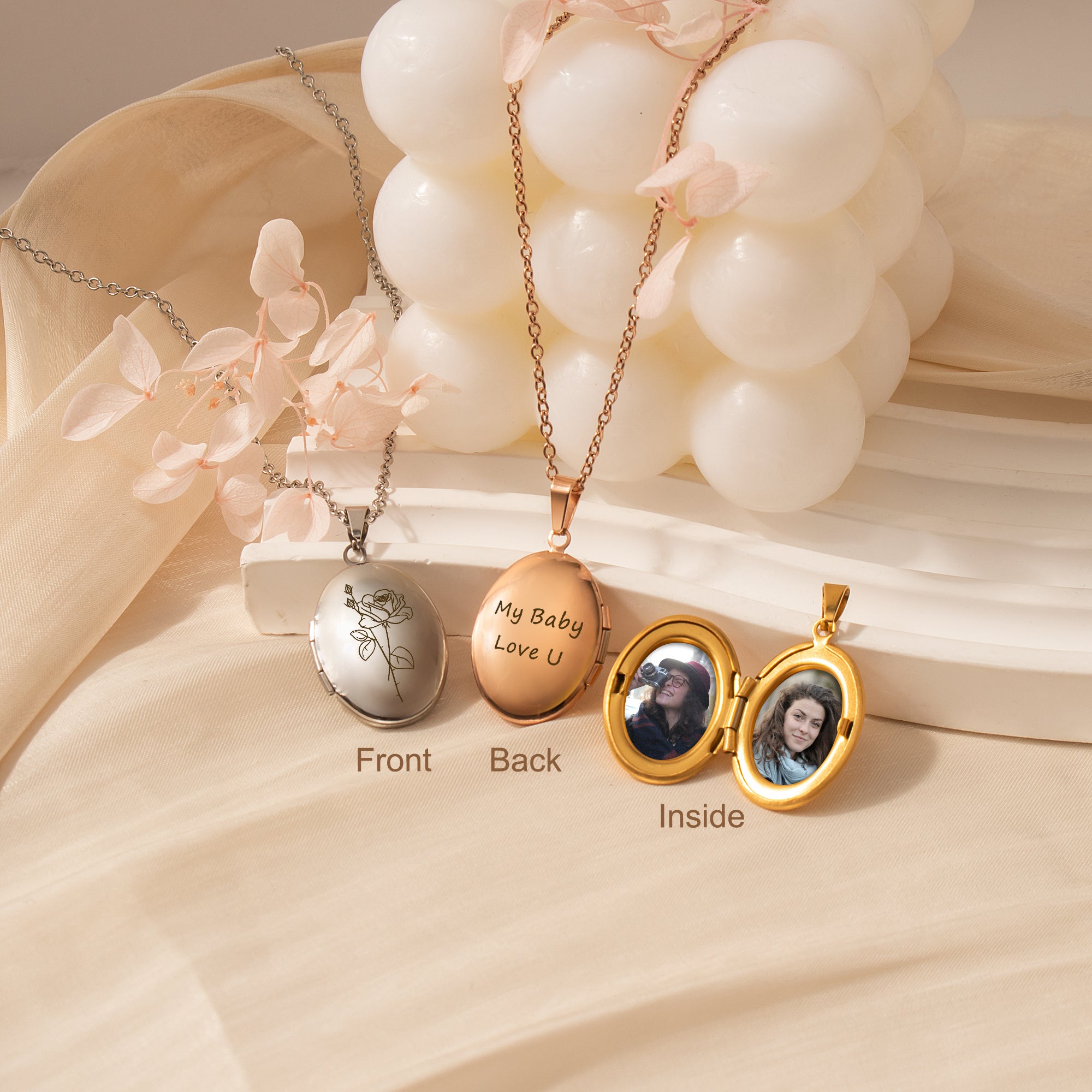 Oval Birth Flower Photo Locket Necklace