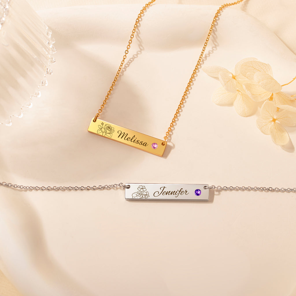 Birthstone Bar Flower and Name Necklace