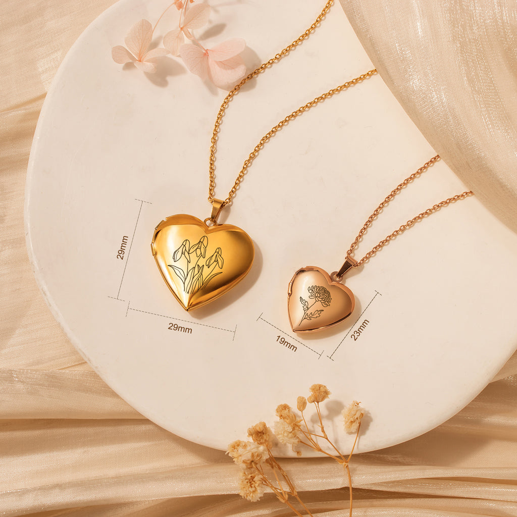 Birth Flower Heart Locket Necklace