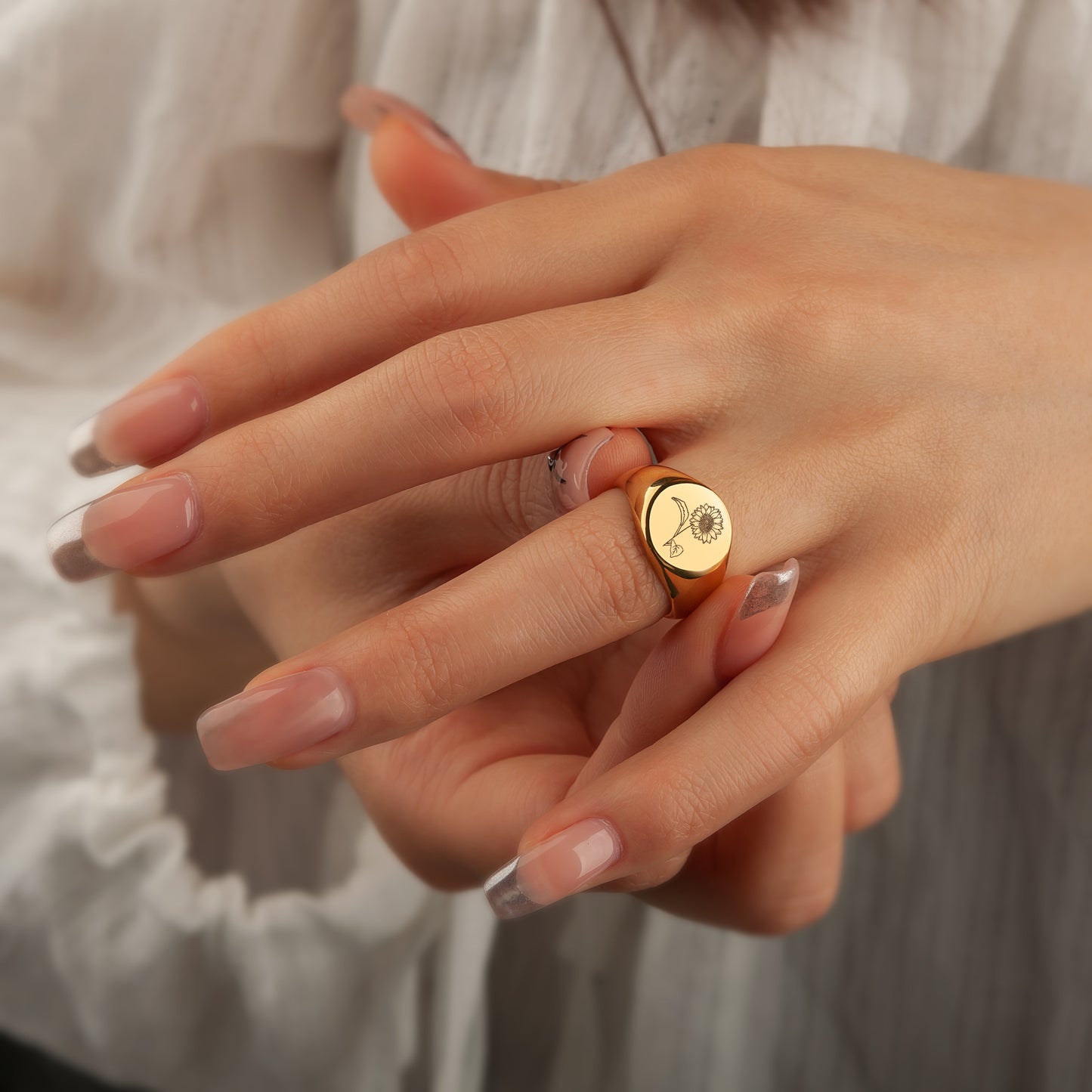 Custom Birth Flower Stainless Steel Engraved Signet Ring