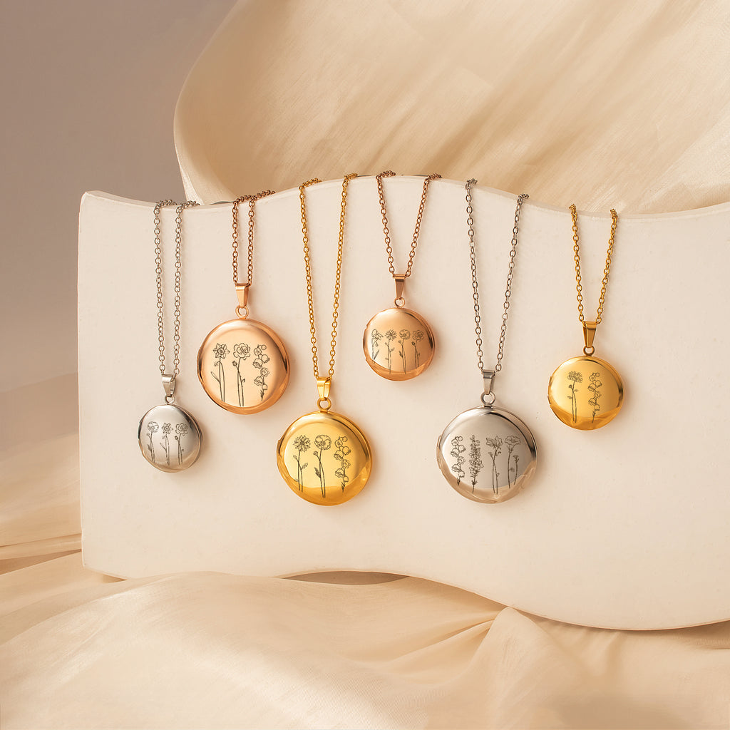 Round Birth Flower Garden Photo Locket Necklace