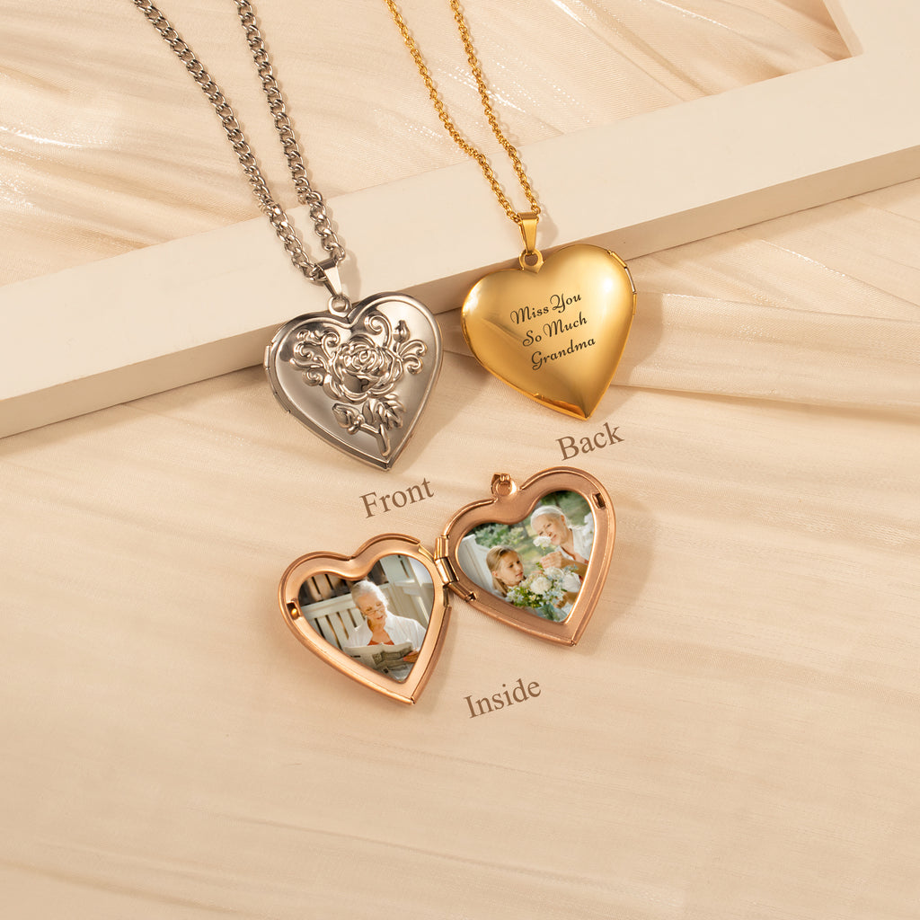 Rose Photo Heart Memorial Locket Necklace
