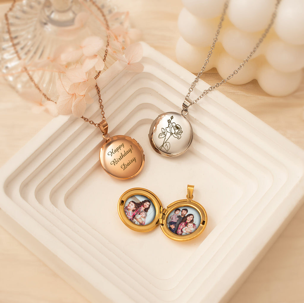 Round Birth Flower Photo Locket Necklace