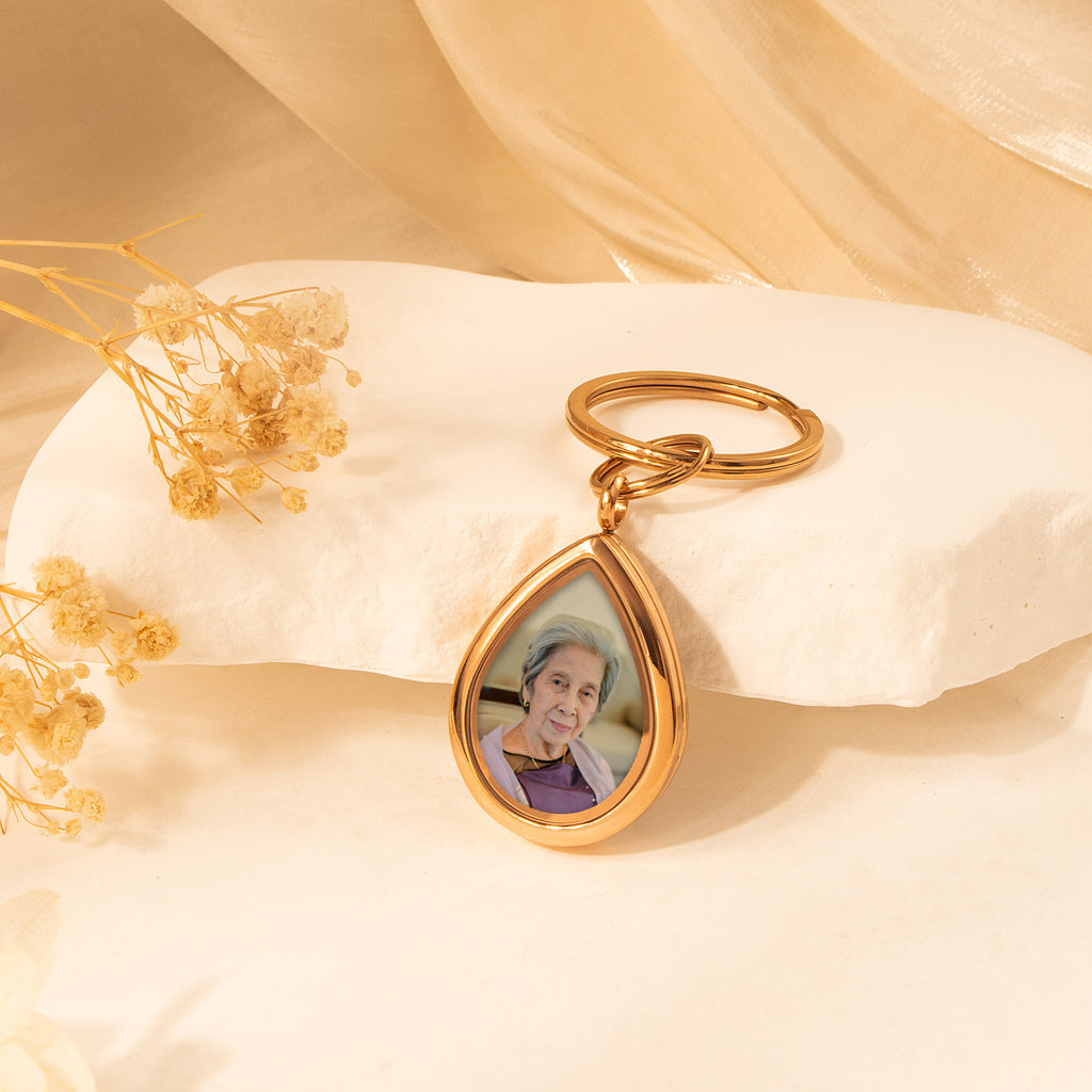 Glass Teardrop Photo Locket Memorial Keychain