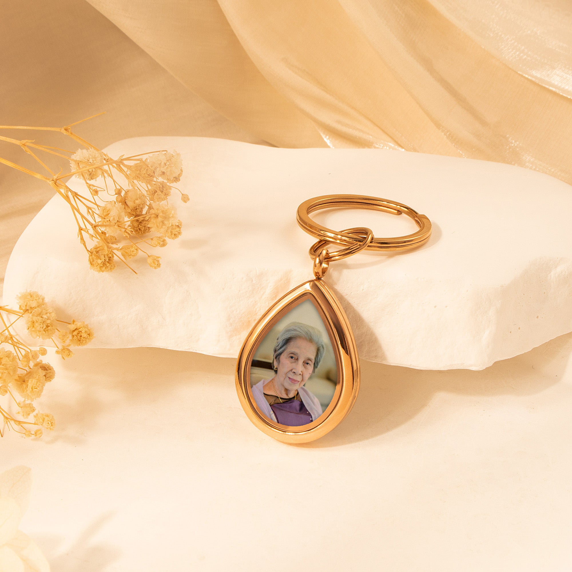 Glass Teardrop Photo Locket Memorial Keychain